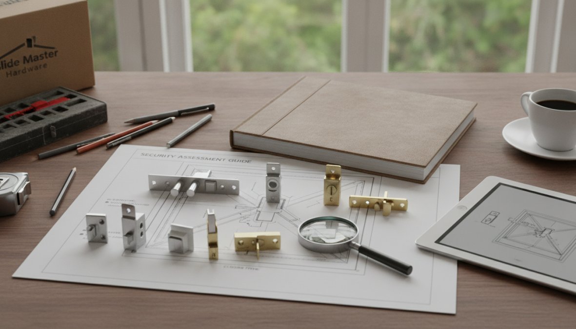 Close-up of various window lock hardware components, keyed locks, sliding latches, sash locks, and tamper-resistant mechanisms, arranged on a wooden window frame in natural daylight
