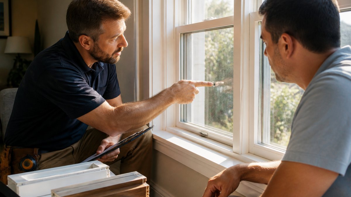 A homeowner and contractor examining a window frame together in a sunlit living room, pointing at the seal and glass, with a clipboard and sample window materials nearby