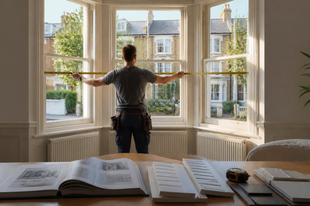 A craftsperson carefully measuring a wide bay window in a period terraced house interior, tape measure extended across the full width of the frame, natural light coming through the window