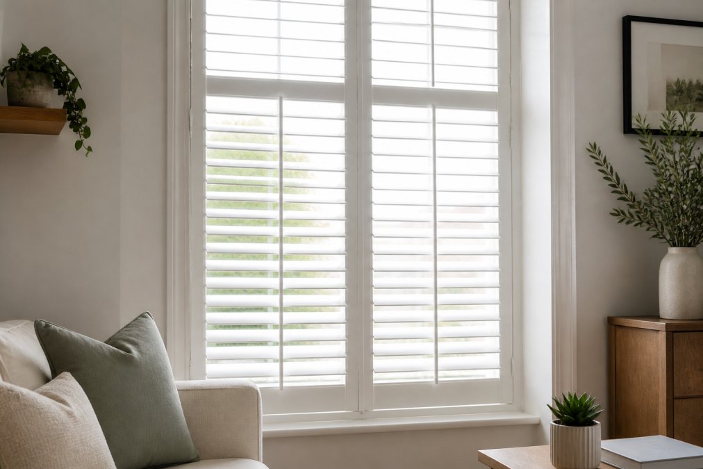 Close-up of elegant white plantation shutters fitted to a tall sash window in a bright living room, louvres angled to let in soft natural light, clean and minimal interior styling