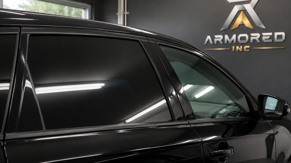 Close-up of a car window showing professionally applied ceramic tint with clear, bubble-free appearance and visible light reflection on vehicle glass