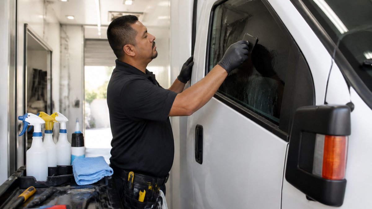 Professional tinting technician carefully applying window film to the side window of a commercial truck using a squeegee, with spray bottles and precision tools visible on a work table nearby, in a well-lit mobile tinting bay