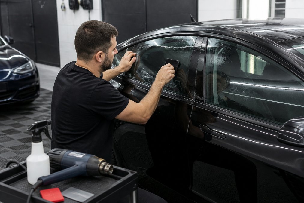 Technician applying film to a Tesla Model 3 window during professional window tinting services for Tesla.