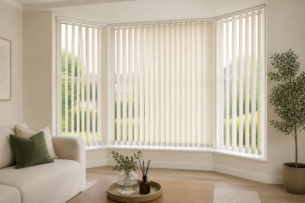 A bright living room with large bay windows fitted with cream vertical blinds, showing the headrail and louvres partially open to let in daylight