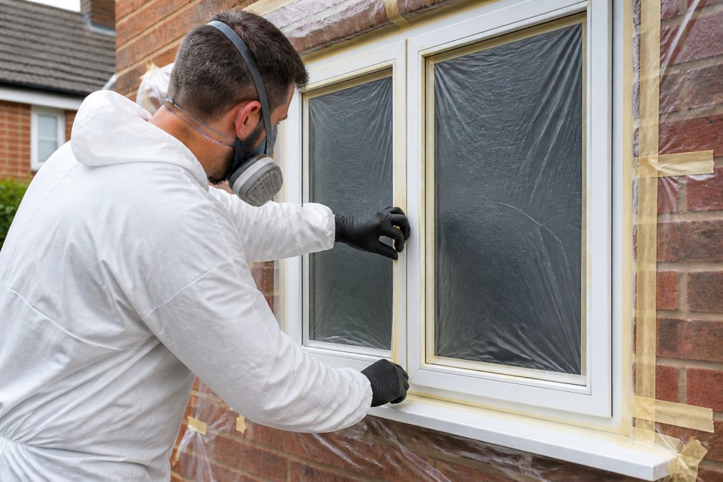 Professional decorator masking uPVC frames before windows sprayed