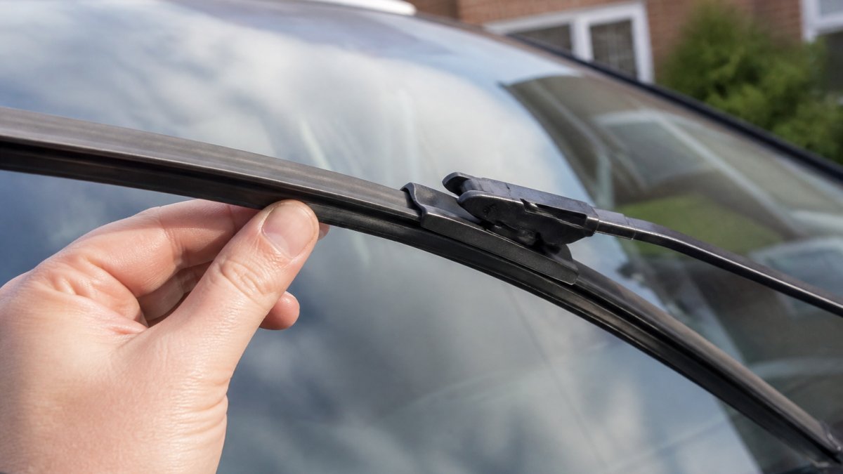 Close-up of a driver's hand inspecting wiper blade rubber edge on windscreen during daylight, showing the blade attachment point and any wear clearly visible