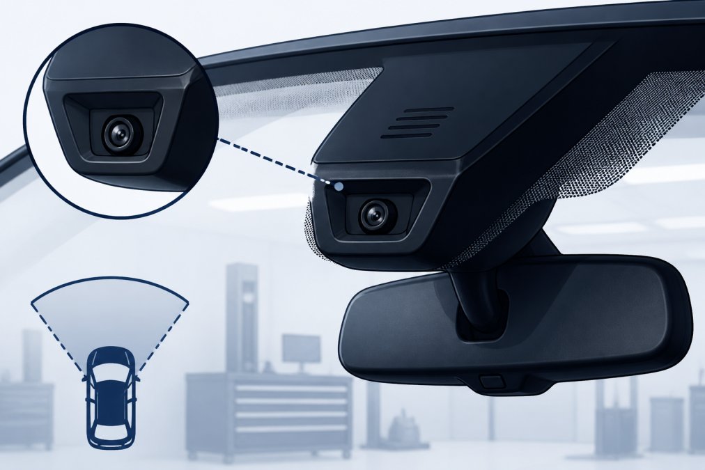 Close-up of a forward-facing ADAS camera mounted on the interior side of a windshield near the rearview mirror bracket, showing the sensor housing and camera lens in sharp detail, under bright workshop lighting
