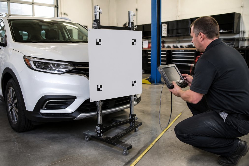 A technician in a well-lit auto glass shop using a laptop connected to a diagnostic scan tool while a white calibration target board is positioned precisely in front of a vehicle's windshield, with measuring tape visible on the shop floor