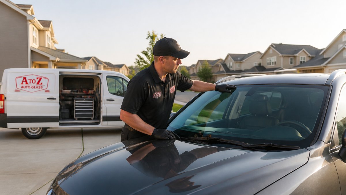 Technician inspecting a modern SUV windshield for a mobile service visit to help determine windshield cost.