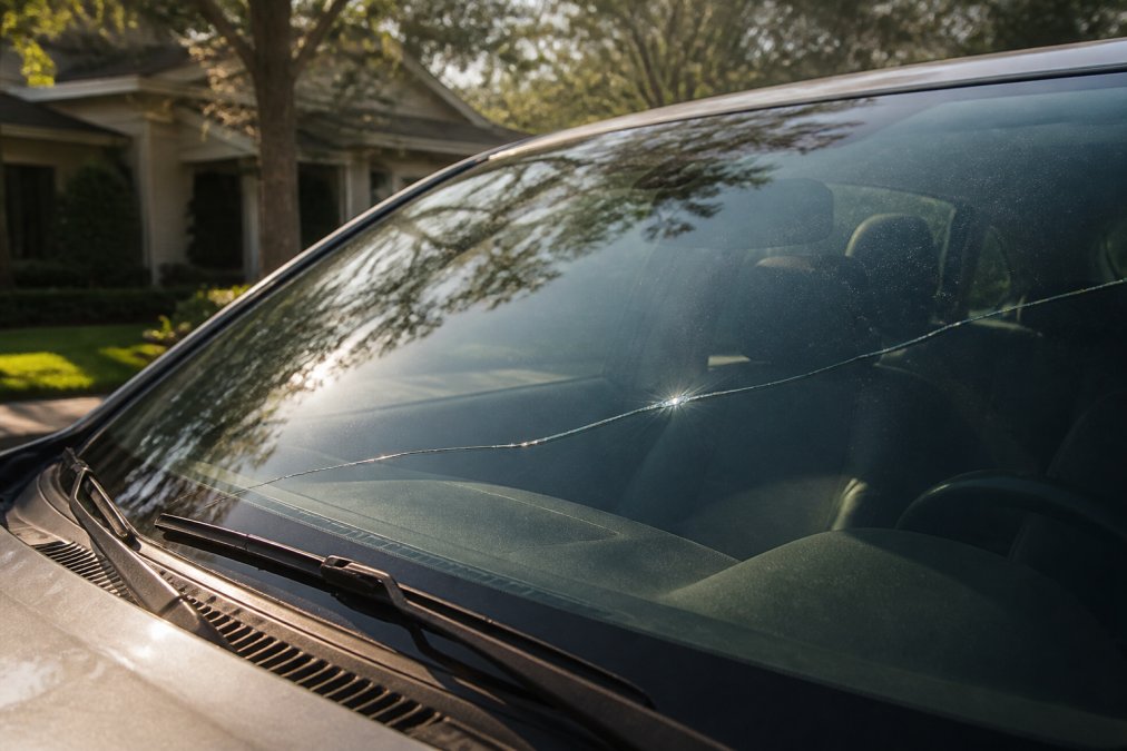 Close-up of a cracked car windshield with sunlight refracting through a long fracture line, parked in a shaded suburban driveway in afternoon light