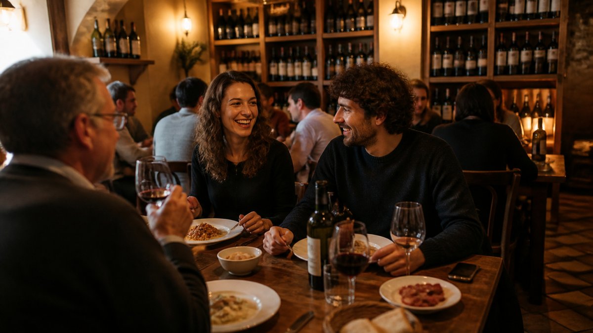 Warm interior of a traditional trattoria with wooden tables, wine bottles displayed on shelves, soft amber lighting, and diners enjoying a meal together