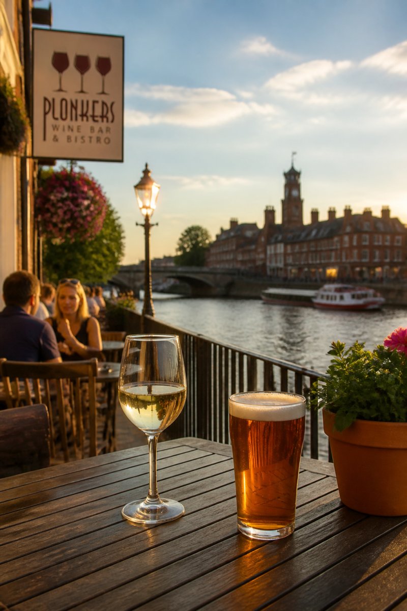 A riverside pub terrace in York at golden hour, wooden tables set with a glass of white wine and a pint of ale, the river and historic buildings visible behind
