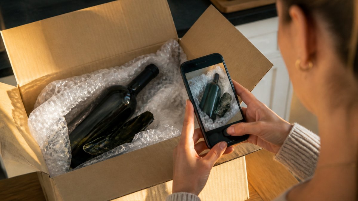 Close-up of a smartphone photographing a cracked wine bottle nestled in bubble wrap inside an open cardboard delivery box on a kitchen counter, with shards of glass visible