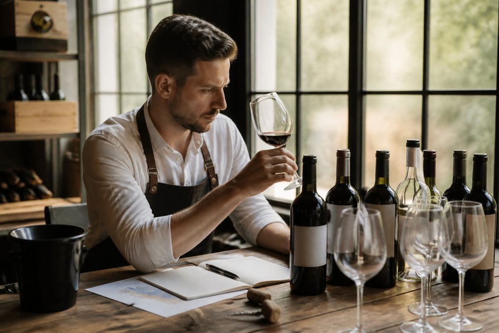 Professional sommelier or wine buyer examining wine bottles and tasting notes at wooden table with natural morning light streaming through large windows, bottles arranged with tasting glasses and notes