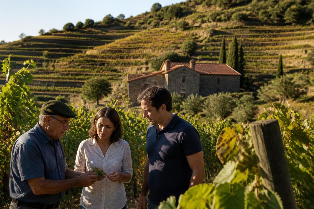 Terraced vineyard landscape with grapevines on hillside in golden afternoon light, traditional stone family winery building nestled among vines, Portuguese or Italian countryside setting