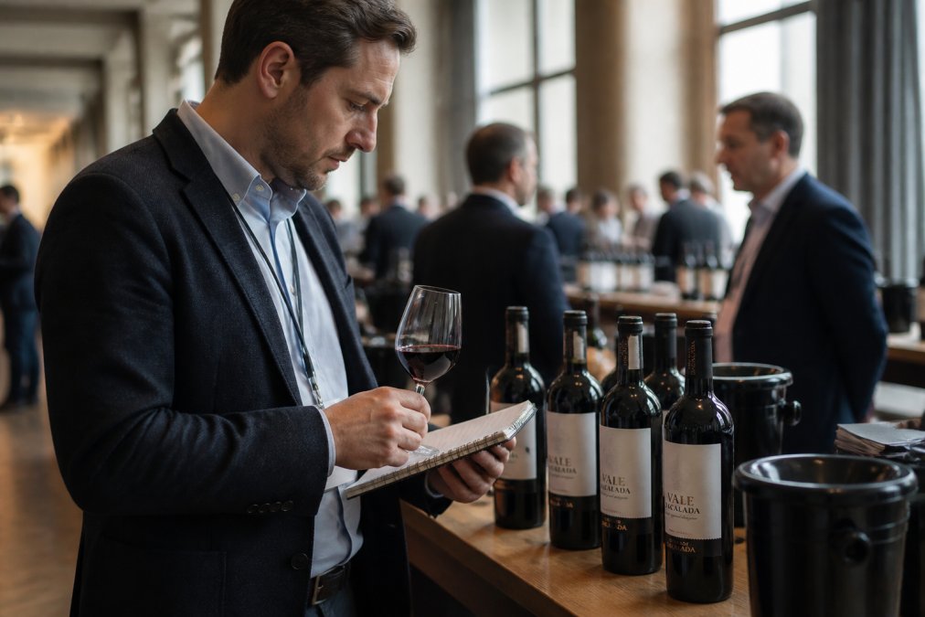 Professional sommelier examining wine bottles at a trade tasting event, holding a glass and notebook, carefully inspecting labels and taking notes with wine bottles displayed on a wooden table with natural afternoon lighting