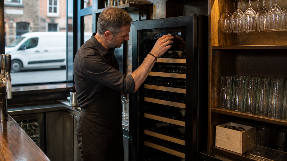 Bar manager checking the temperature display of a commercial wine fridge in a busy pub