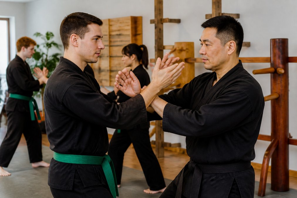 Two adult martial artists demonstrating sticky hands drill with hands connected at centerline, showing proper stance and controlled training environment with focused posture