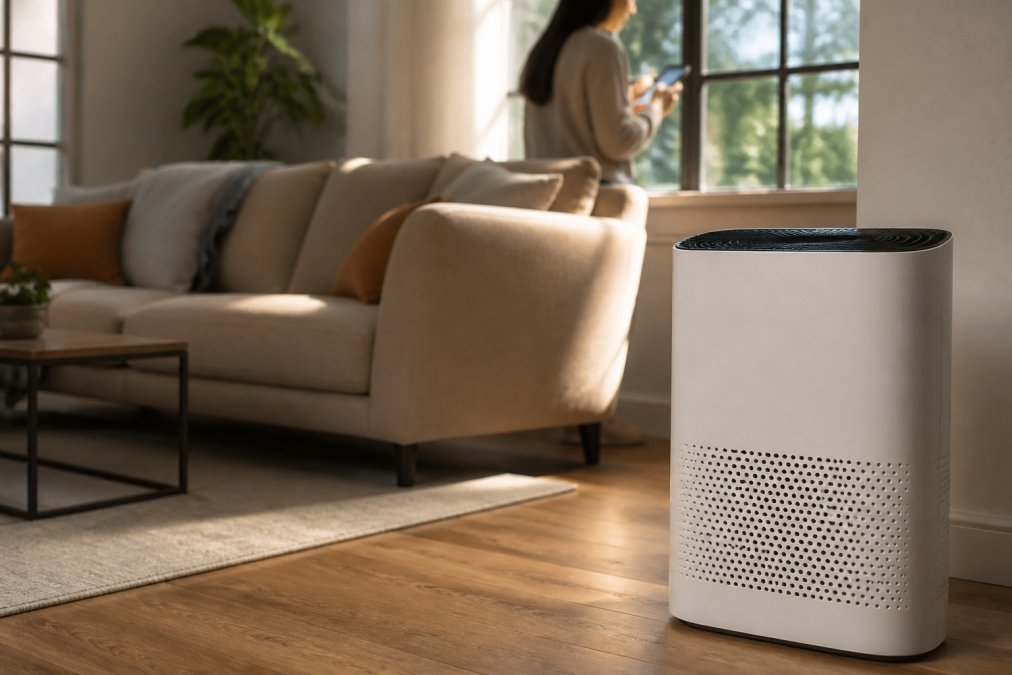 Modern living room with an air purifier on hardwood floor near a couch, person in background checking a smartphone app displaying air quality levels, warm afternoon sunlight through windows