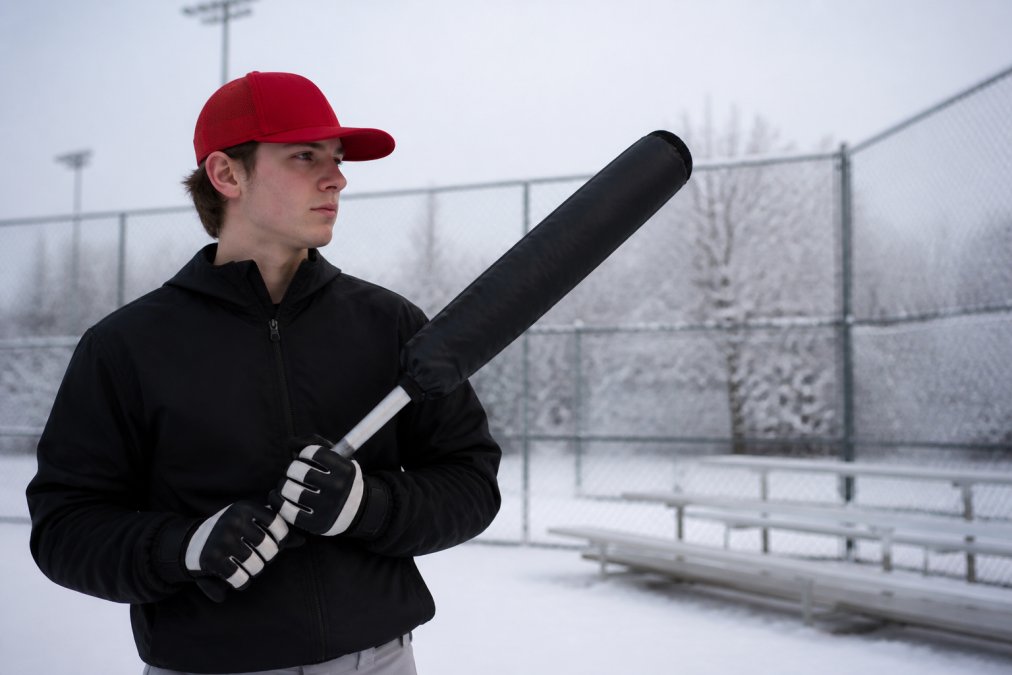 Baseball player in outdoor winter setting holding bat wrapped in heated bat sleeve with frost-covered background showing the sleeve positioned on bat barrel