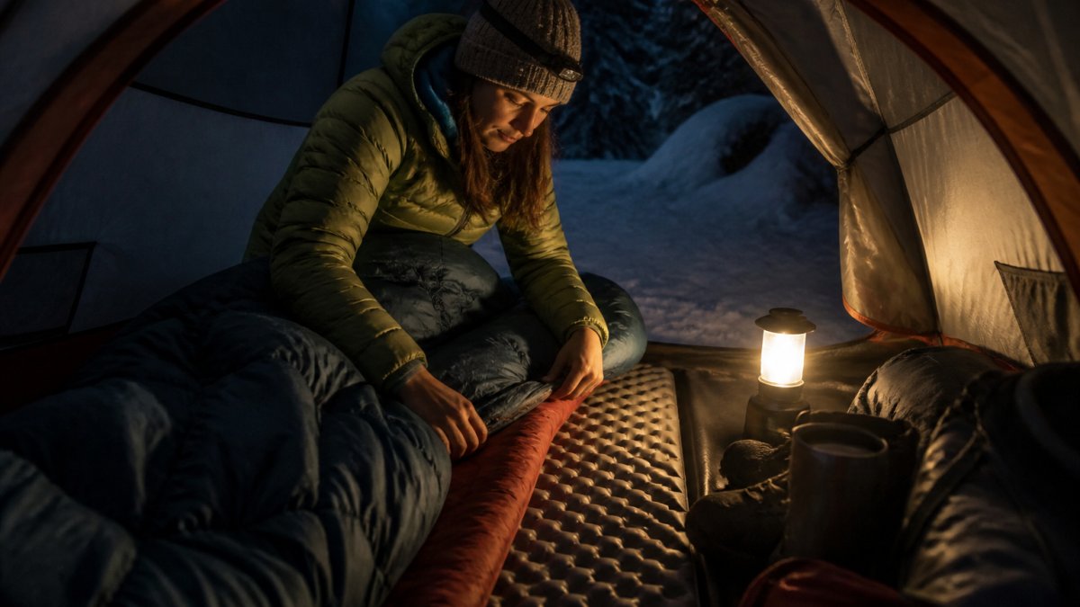 A camper inside a tent at night, wearing a beanie and layered clothing, adjusting a sleeping bag and pad on a snowy campsite, with a lantern providing warm light