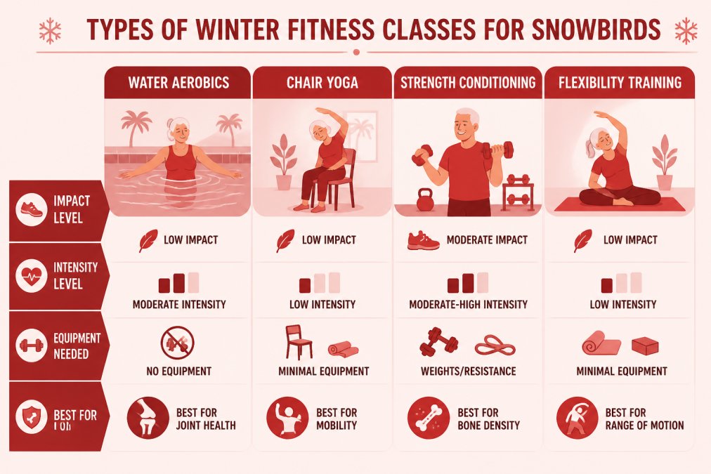 Comparison matrix of winter fitness class types: Water Aerobics (low impact, moderate intensity, no equipment, best for joint health), Chair Yoga (low impact, low intensity, minimal equipment, best for mobility), Strength Conditioning (moderate impact, moderate-high intensity, weights/resistance, best for bone density), Flexibility Training (low impact, low intensity, minimal equipment, best for range of motion)