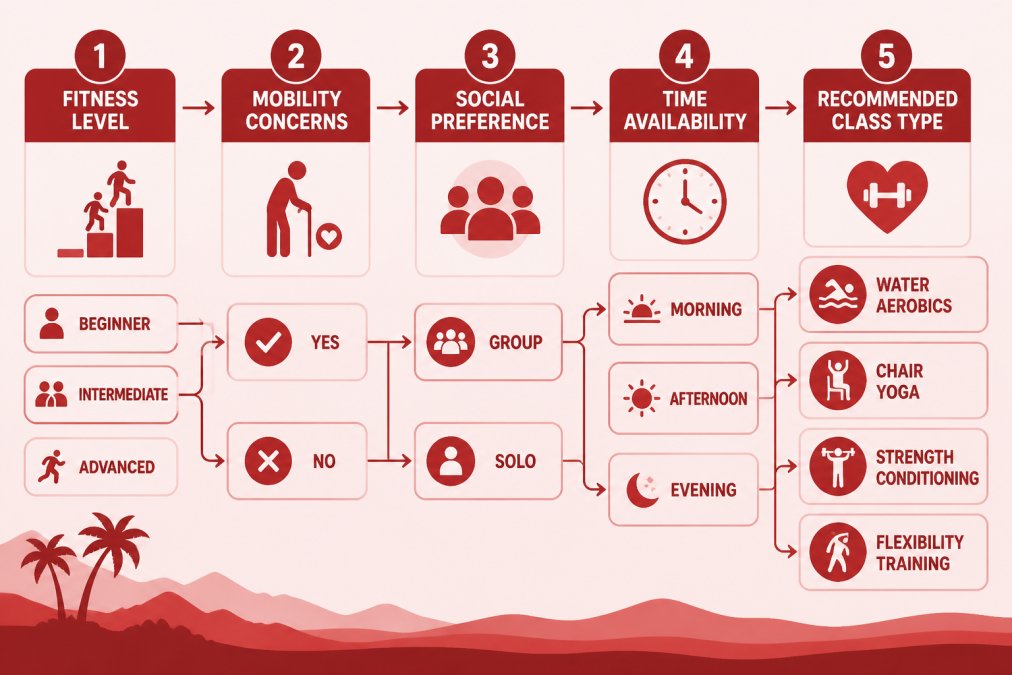 Decision flowchart for choosing a winter fitness class: Start with fitness level (beginner/intermediate/advanced) → any mobility concerns (yes/no) → social preference (group/solo) → time availability (morning/afternoon/evening) → recommended class type (water aerobics, chair yoga, strength conditioning, or flexibility training)