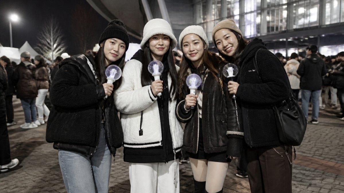 A group of young women in stylish layered winter outfits standing outside a concert venue at night, wearing fleece jackets, beanies, and boots, holding light sticks and smiling