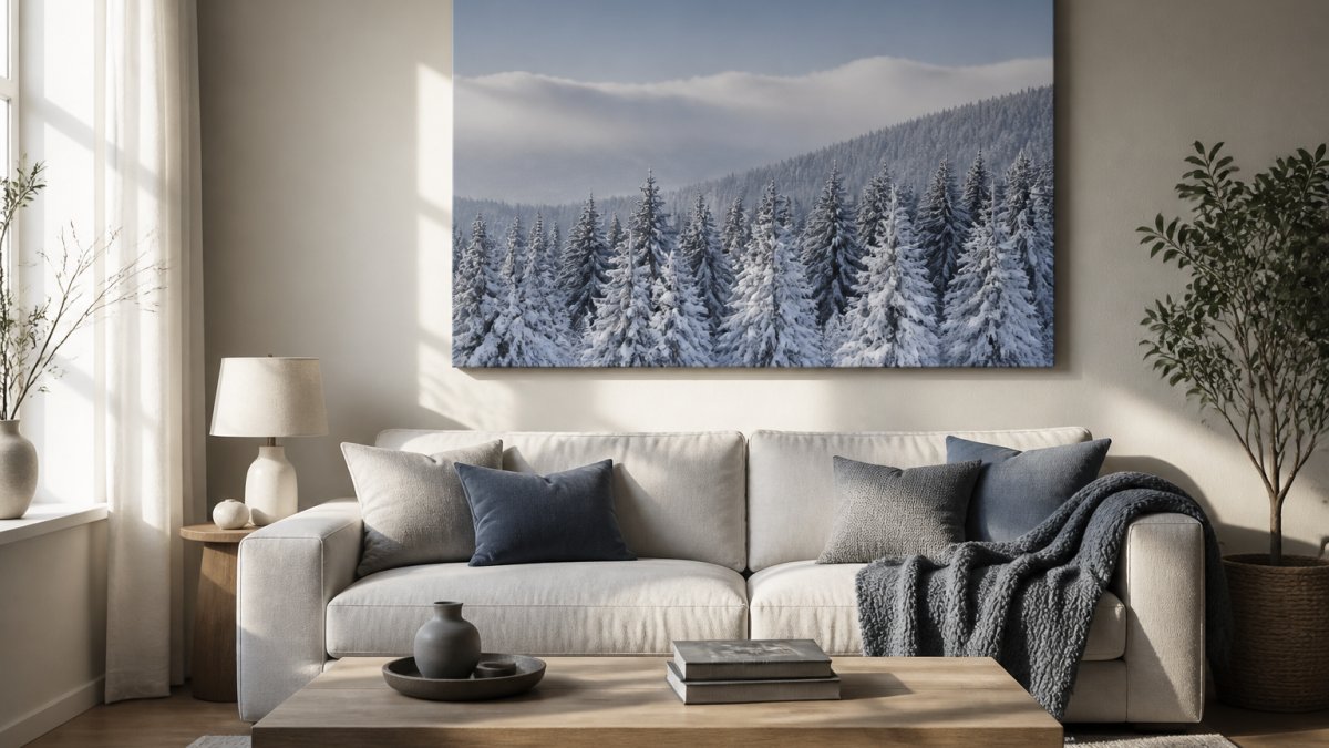 A bright living room with a large snowy forest canvas hanging above a neutral sofa, soft daylight falling across the wall, cushions and a woollen throw in cool blues and greys