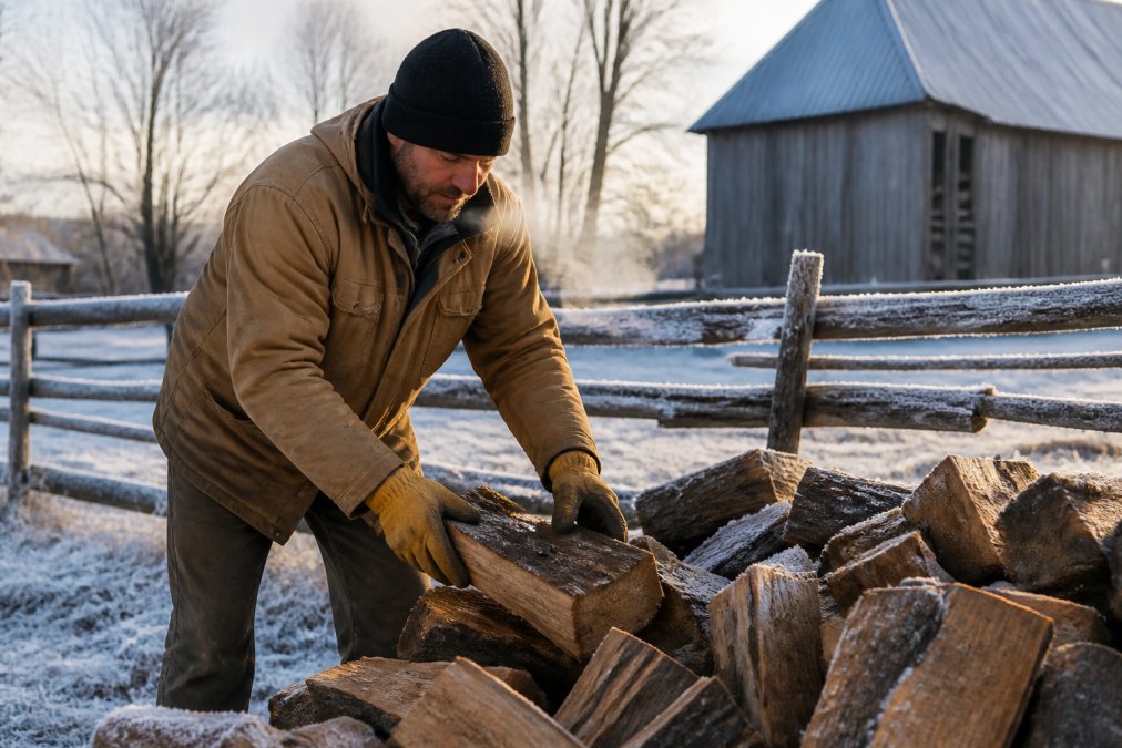 A man in a heavy duck cloth jacket stacking firewood beside a split-rail fence on a frosty winter morning.
