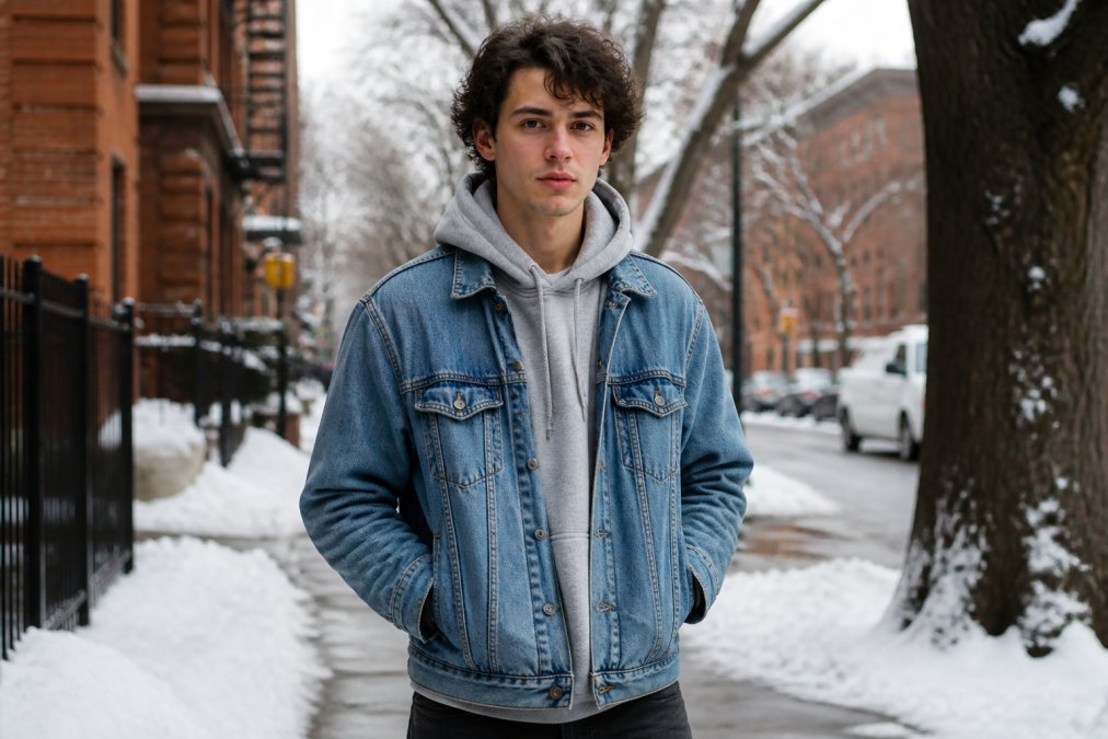 A young adult wearing a heavyweight gray hoodie under an open vintage denim jacket, standing outdoors on a cold city street, hands in pockets, natural winter light