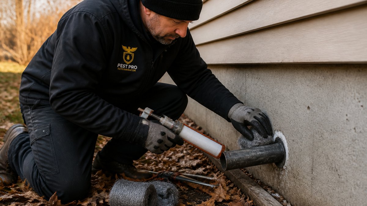 Homeowner using steel wool and caulk for rodent proofing a pipe gap in an exterior foundation wall