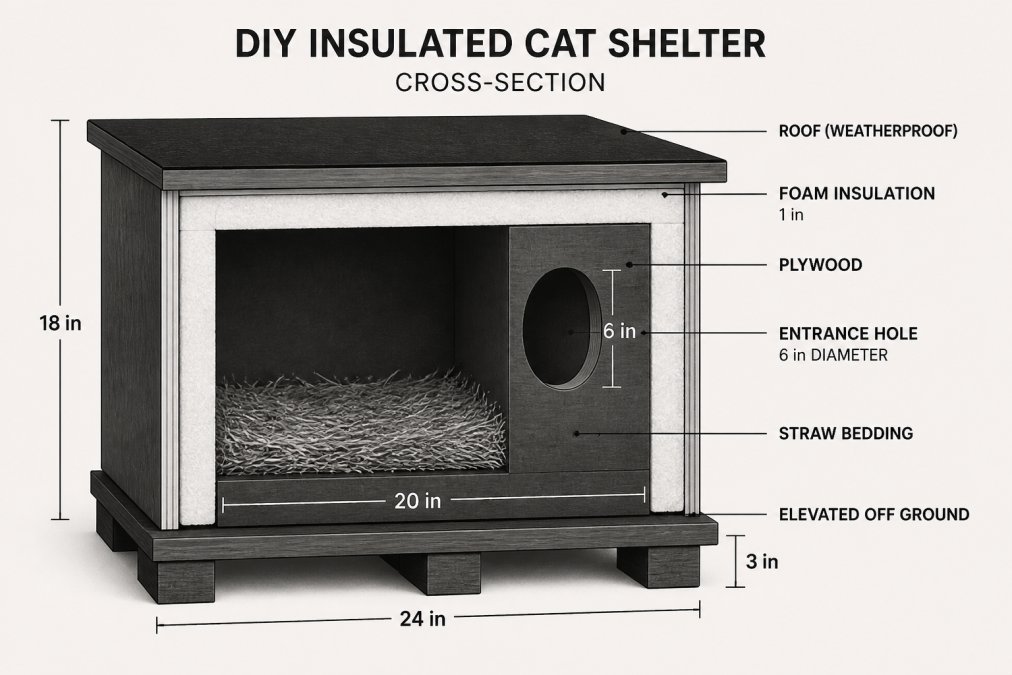Cross-section diagram of a DIY insulated cat shelter showing foam insulation layer, entrance hole dimensions, straw bedding, and elevation off ground
