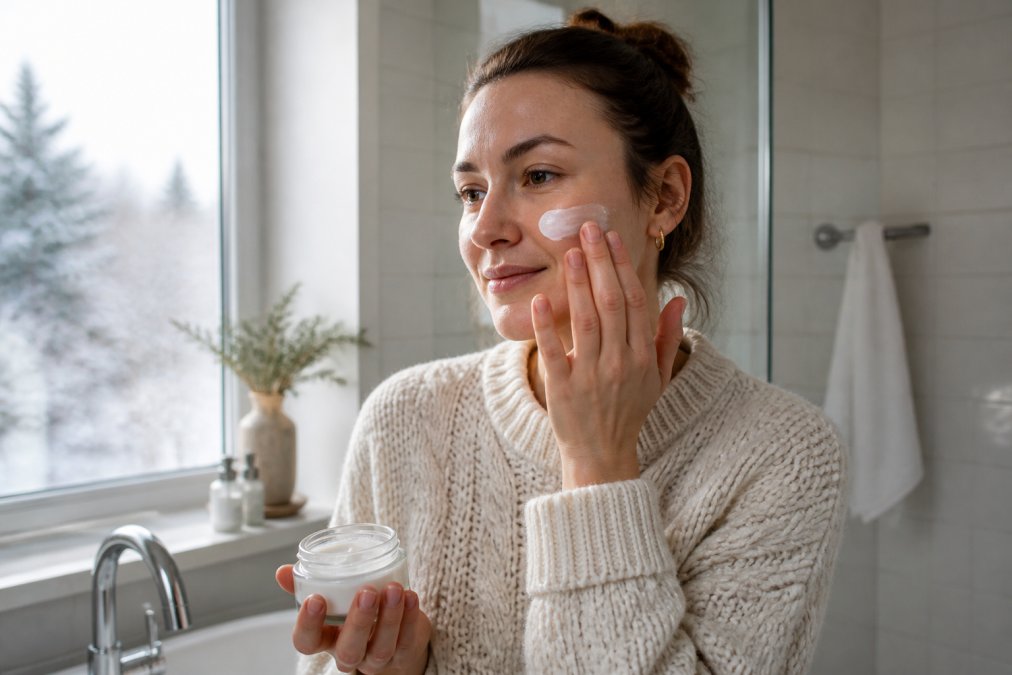 A woman in a soft knit sweater applying a thick white cream from a glass jar to her cheek, standing in a bright bathroom lit by soft winter morning light