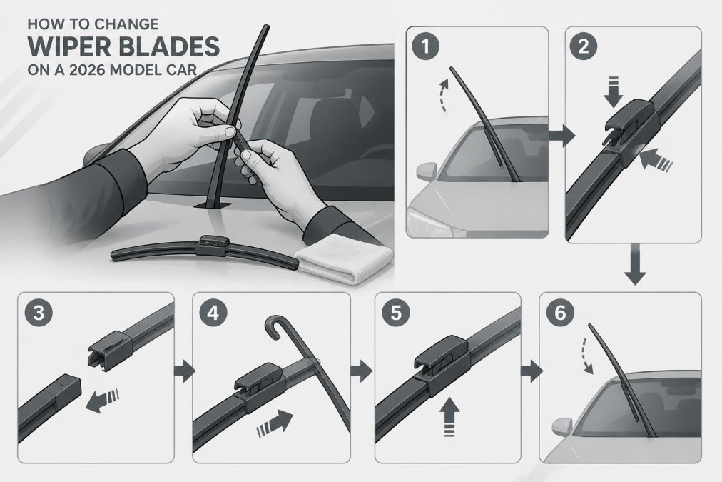 Close-up of hands lifting a wiper arm away from a car windscreen, with a new wiper blade resting on the bonnet and a microfibre cloth nearby, showing the fitting process on a modern vehicle