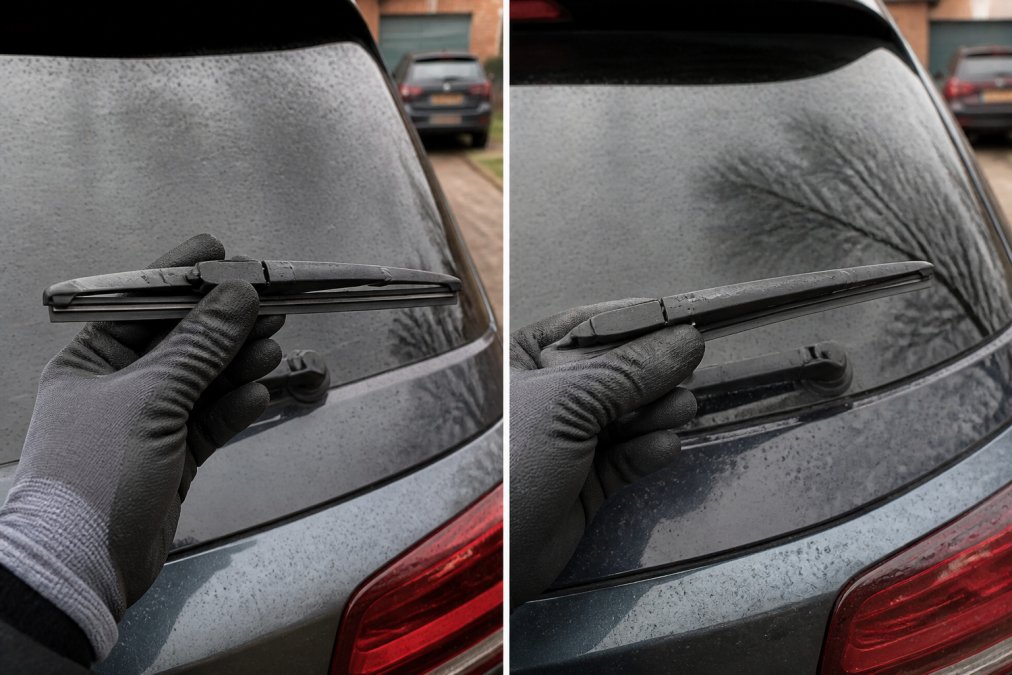Gloved hand holding a short rear wiper blade against a wet SUV window