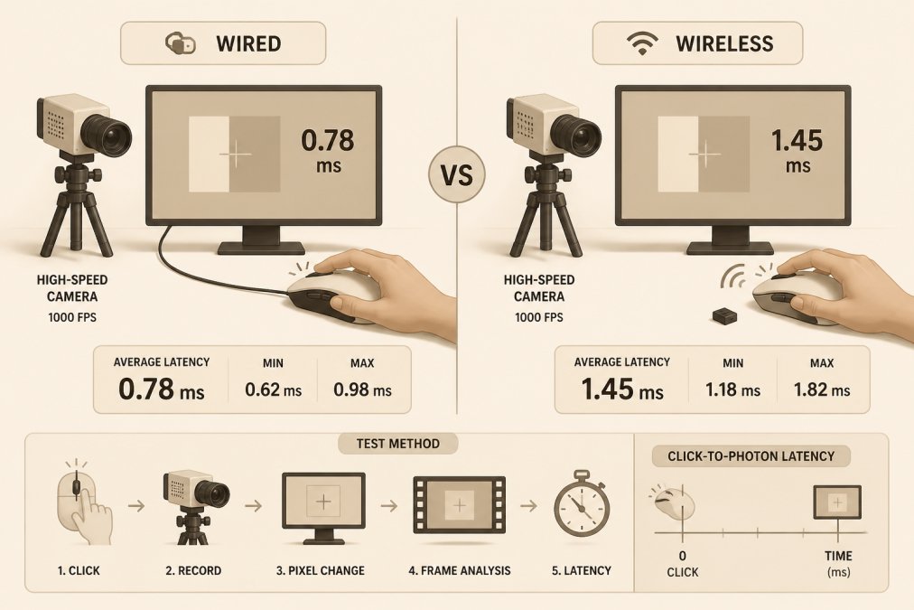 Professional demonstrating wired vs wireless gaming mouse latency test technique with high-speed camera setup measuring click-to-photon response on gaming PC monitor