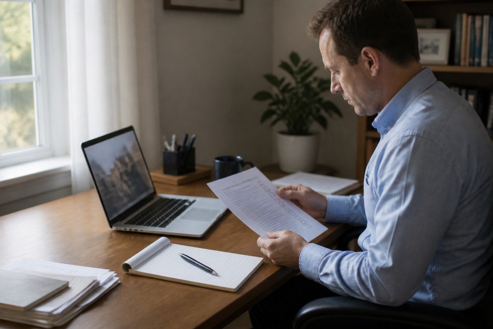 A financial advisor at a desk reviewing a printed checklist with a laptop open to compliance documents, in a quiet home office with natural light