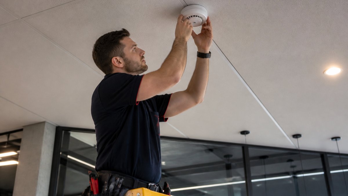 Professional technician installing wireless smoke detector on commercial building ceiling, demonstrating minimal disruption with no visible cabling, rewiring, or structural work below