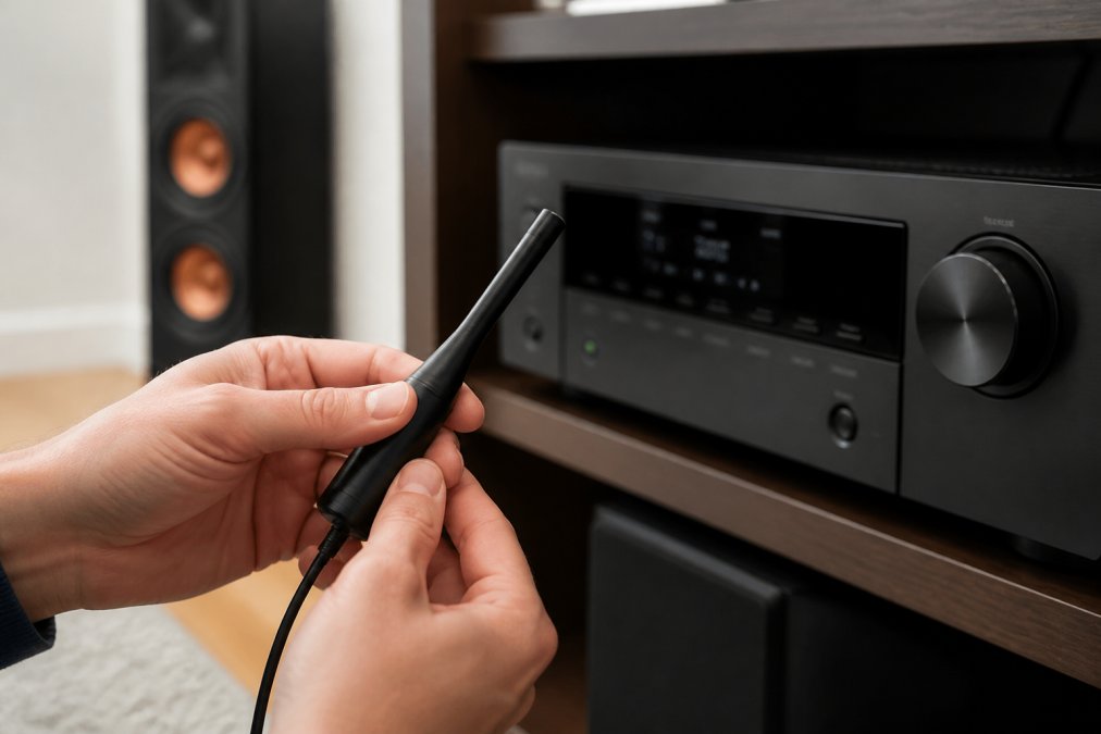 Close-up of hands holding a calibration microphone positioned at listening ear level, with an AV receiver's display screen visible in the background showing channel level adjustments and crossover frequency settings