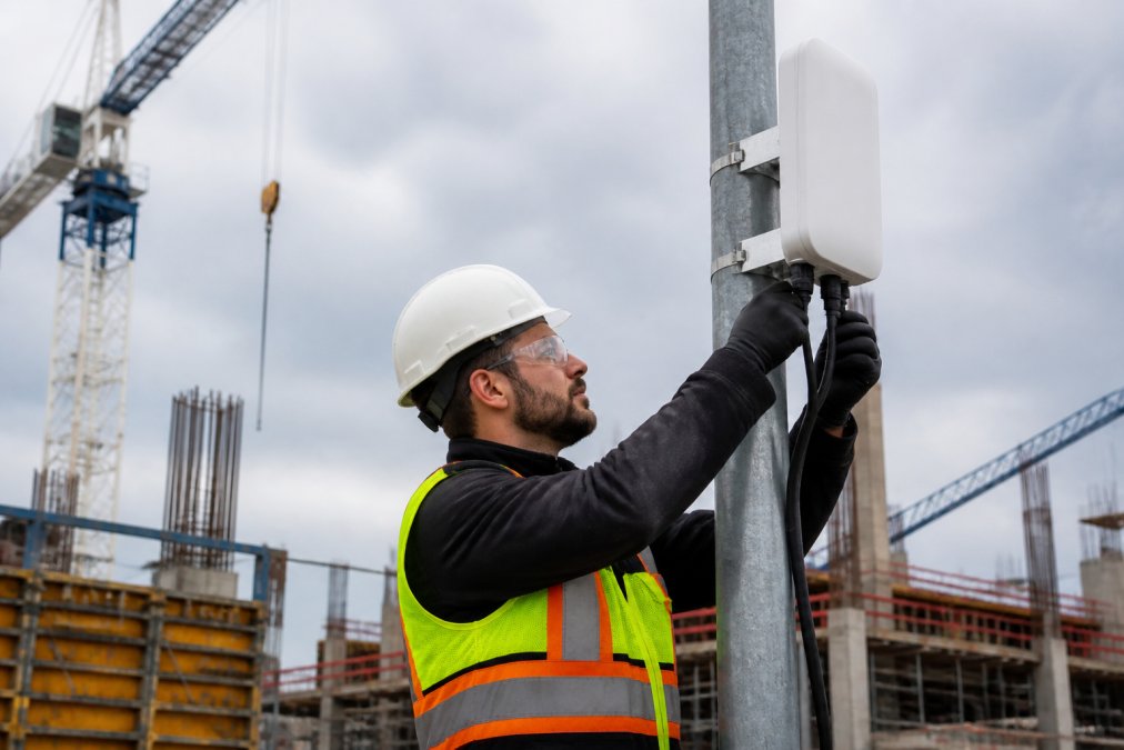An IT technician in a safety vest and hard hat mounting an industrial-grade wireless access point on a galvanized metal pole at an active outdoor construction site, with cranes and scaffolding visible in the background under overcast midday light