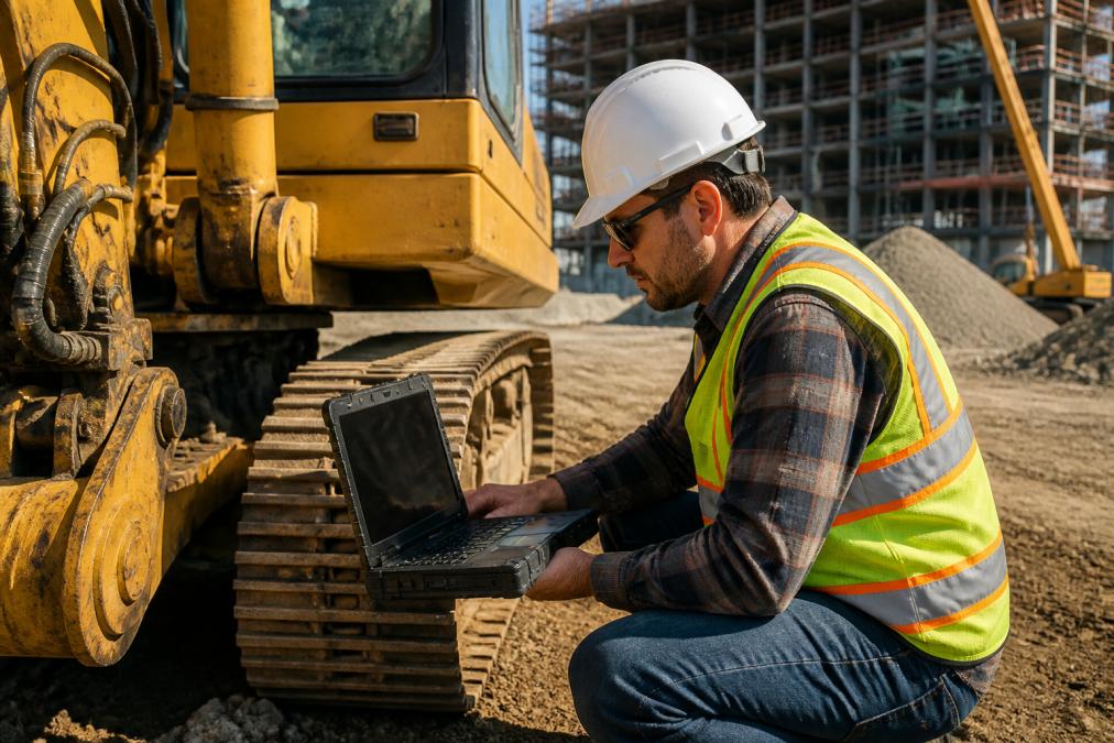 A field engineer in a hard hat and high-visibility safety vest crouching beside heavy construction equipment, checking signal strength readings on a ruggedized laptop on a busy active jobsite under bright afternoon sunlight