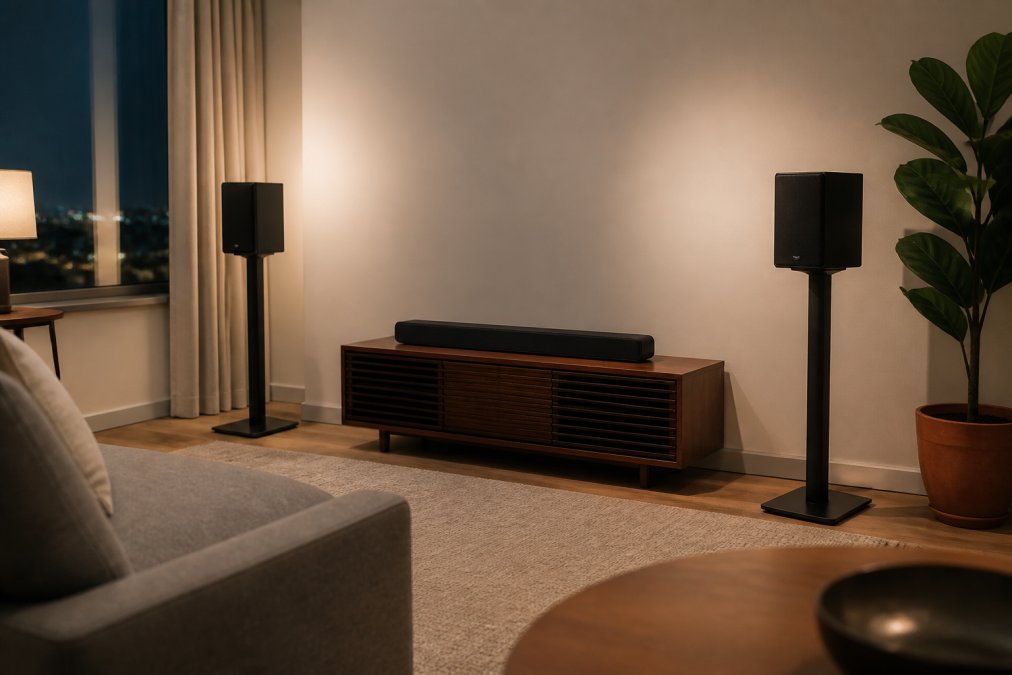Wireless surround sound speakers on stands in a cozy, wire-free living room
