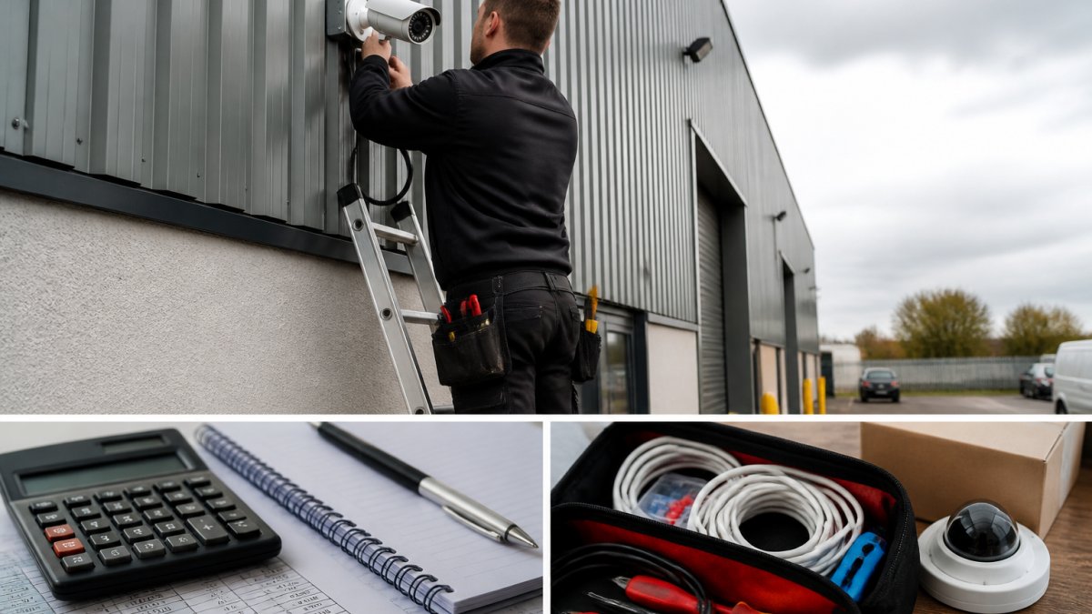 A security technician in branded uniform installing a CCTV camera on the exterior wall of a commercial warehouse, with a ladder and cabling tools visible, overcast daylight