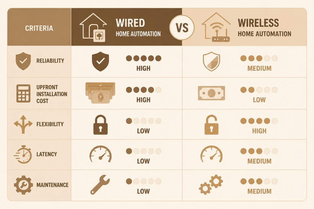 Comparison matrix of wired and wireless home automation reliability, installation costs, flexibility, latency, and