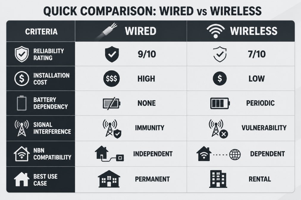Comparison matrix showing wired vs wireless across six criteria: reliability rating 9/10 vs 7/10, installation cost high vs low, battery dependency none vs periodic, signal interference immunity vs vulnerability, NBN compatibility independent vs dependent, best use case permanent vs rental