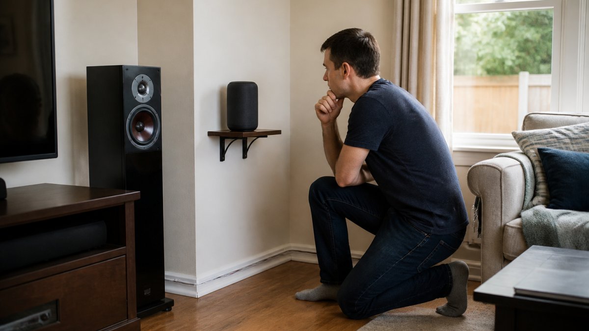 Homeowner examining speaker placement options in living room with wireless speaker on shelf and wired speaker cables visible along wall trim, natural afternoon lighting