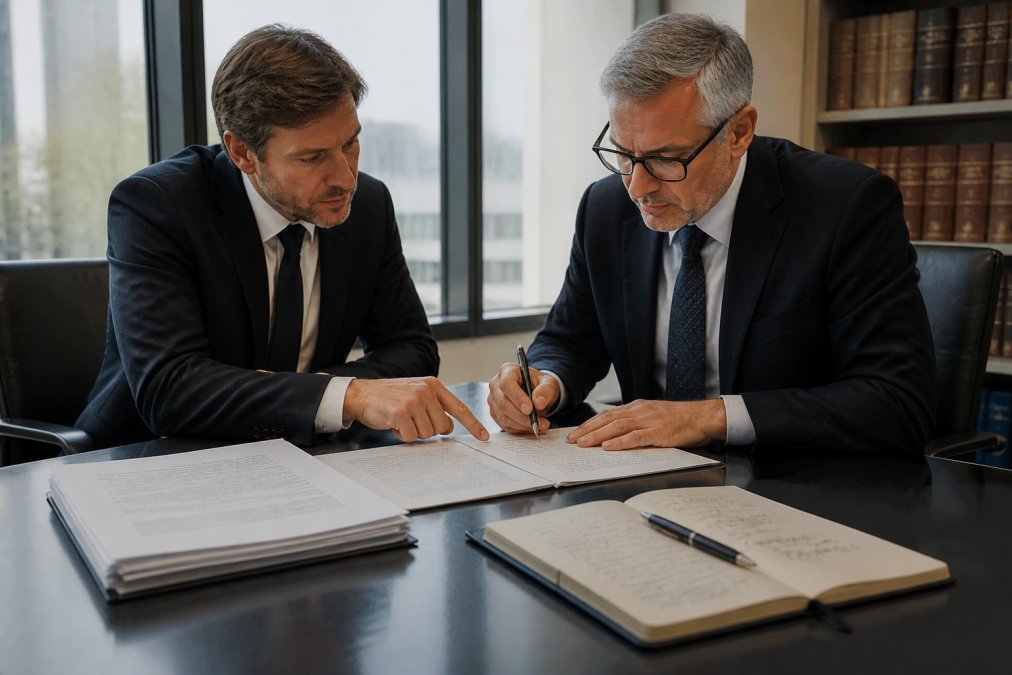Zwei Anwälte in dunklen Anzügen prüfen gemeinsam Vertragsdokumente an einem Konferenztisch, daneben ein Laptop mit sichtbarer Vertragsstruktur und ein Notizblock mit handschriftlichen Anmerkungen