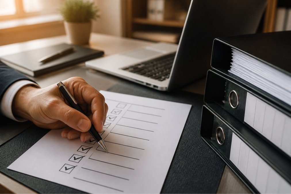 Nahaufnahme einer Hand, die mit einem Stift Punkte auf einer gedruckten Checkliste abhakt, daneben ein Laptop und Aktenordner auf einem Schreibtisch, warmes Bürolicht