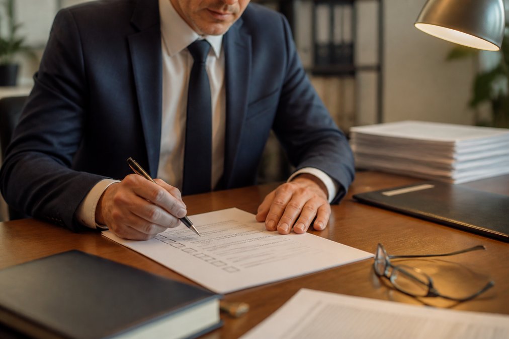 Nahaufnahme einer Person, die Checkliste auf Papier überprüft, mit Stift und Gläsern auf dem Schreibtisch, warme Bürobeleuchtung